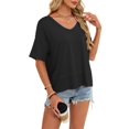 thumbnail image 3 of Womens Summer V Neck T Shirts Casual Short Sleeve Flowy Tops Cute Loose Fit Basic Tees Black L, 3 of 8