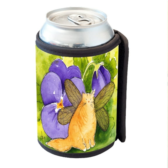 KuzmarK Insulated Drink Can Cooler Hugger - Ginger Tabby Maine Coon Kitty Fairy with Purple Pansies Cat Art by Denise Every