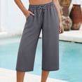 thumbnail image 5 of CIENVNSTG Women's Capri Pants Summer Drawstring High Waist Wide Leg Pants Beach Casual Solid Color Lounge Palazzo Capri Trouser with Pockets Dark Gray L, 5 of 5