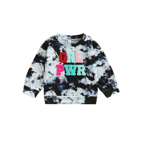 

Sunisery Kids Little Girls Sweatshirt Round Neck Tie Dye Lettering Pattern Long Sleeve Pullovers Tops Black 1-2 Years