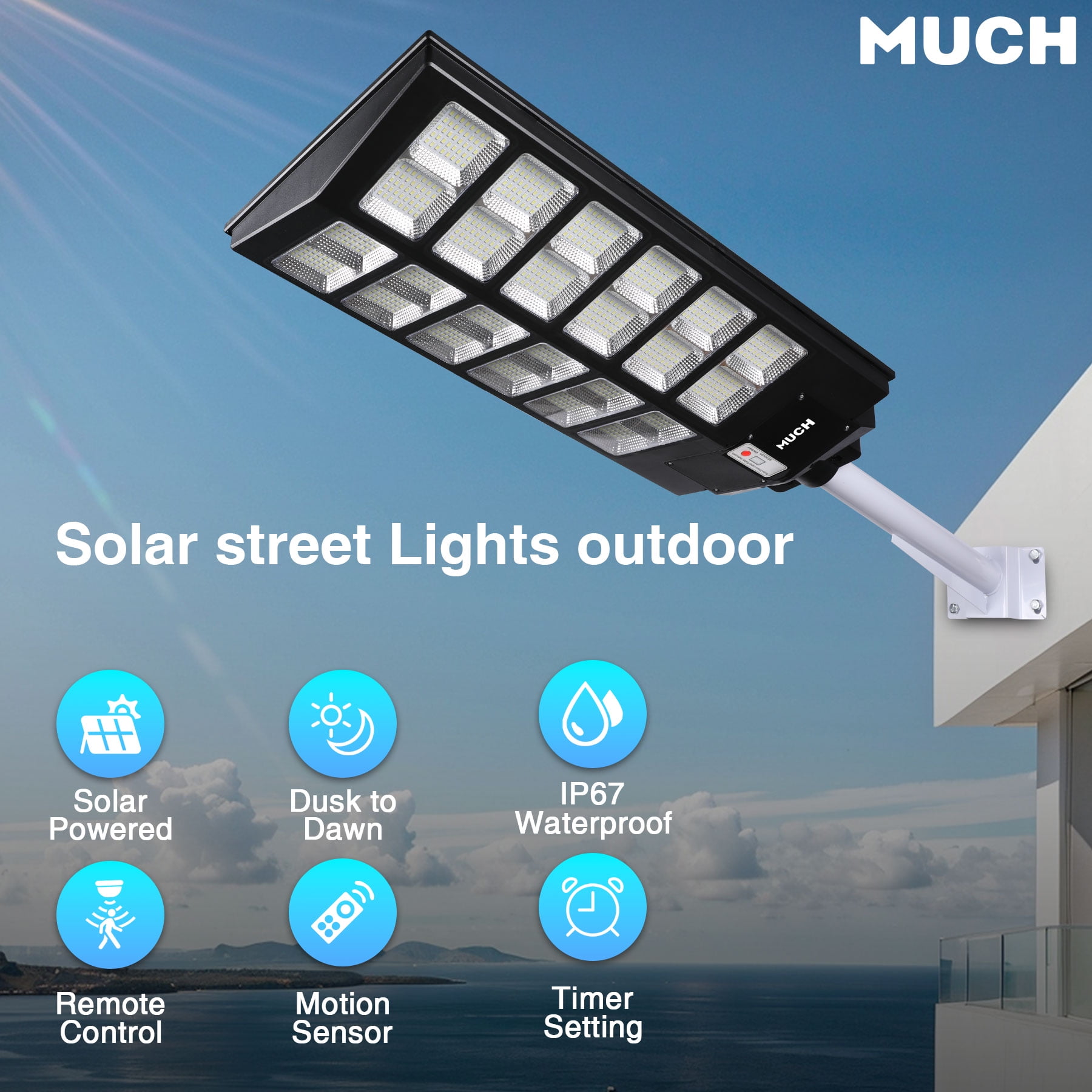 MUCH 10000W Super Bright Solar Street Light with Pole, 960 LED 220° Wide Angel Commercial Parking Lot Lights 35000mAh Outdoor Dusk to Dawn Solar Security Flood Light w/Motion Sensor Remote Control