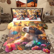 Homewish Cute Puppy Dogs 7-Piece Twin Bedding Sets,Chic Butterflies Flower Bedding Comforter Set,Kawaii Pet Animal Sheet Sets For Boys Girls,Super Cozy Room Decor Reversible