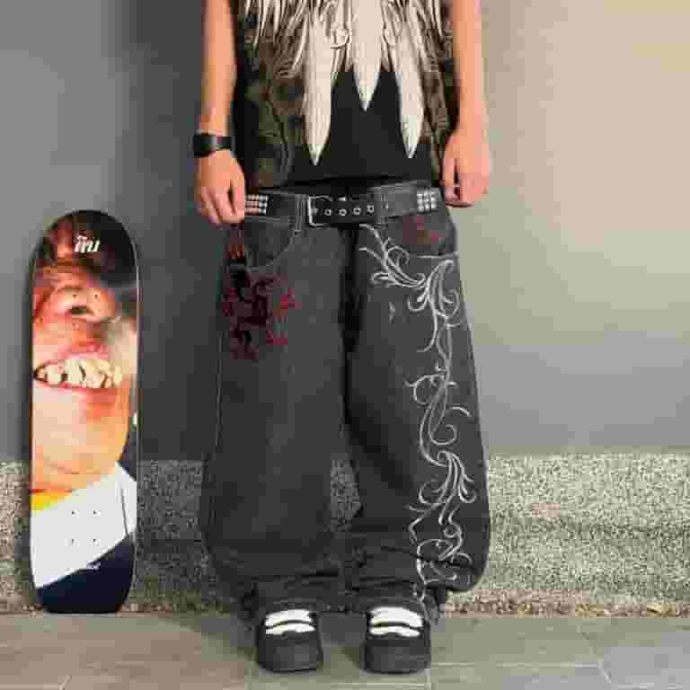 Street Vintage Harajuku Pattern Black Baggy Jeans Y2K Hip Street Vintage Harajuku Pattern Black Baggy Jeans Y2K Hip