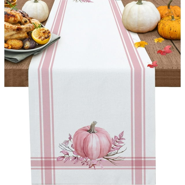 Fall Thanksgiving Table Runner Pumpkin Leaf Branch Runners for Dining Tables Pink Stripes Autumn Dinner Runner Kitchen Parties Decor 13" x 108"