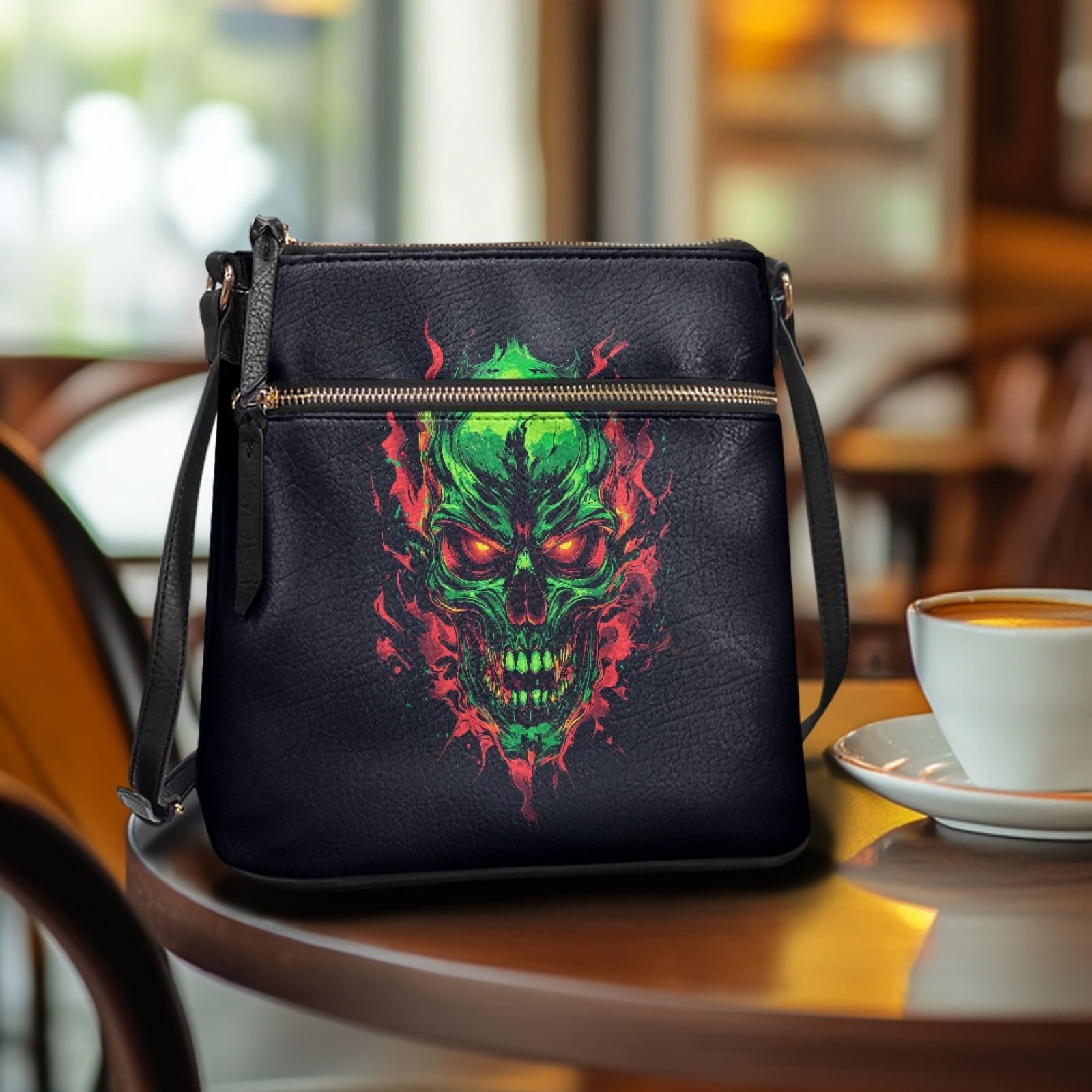 LedBack Skull Print Leather Cross Body Purses Shoulder Bag for Women Satchel Purse Multi Pocket Hobo Bag with Adjustable Strap for Shopping Work, Black