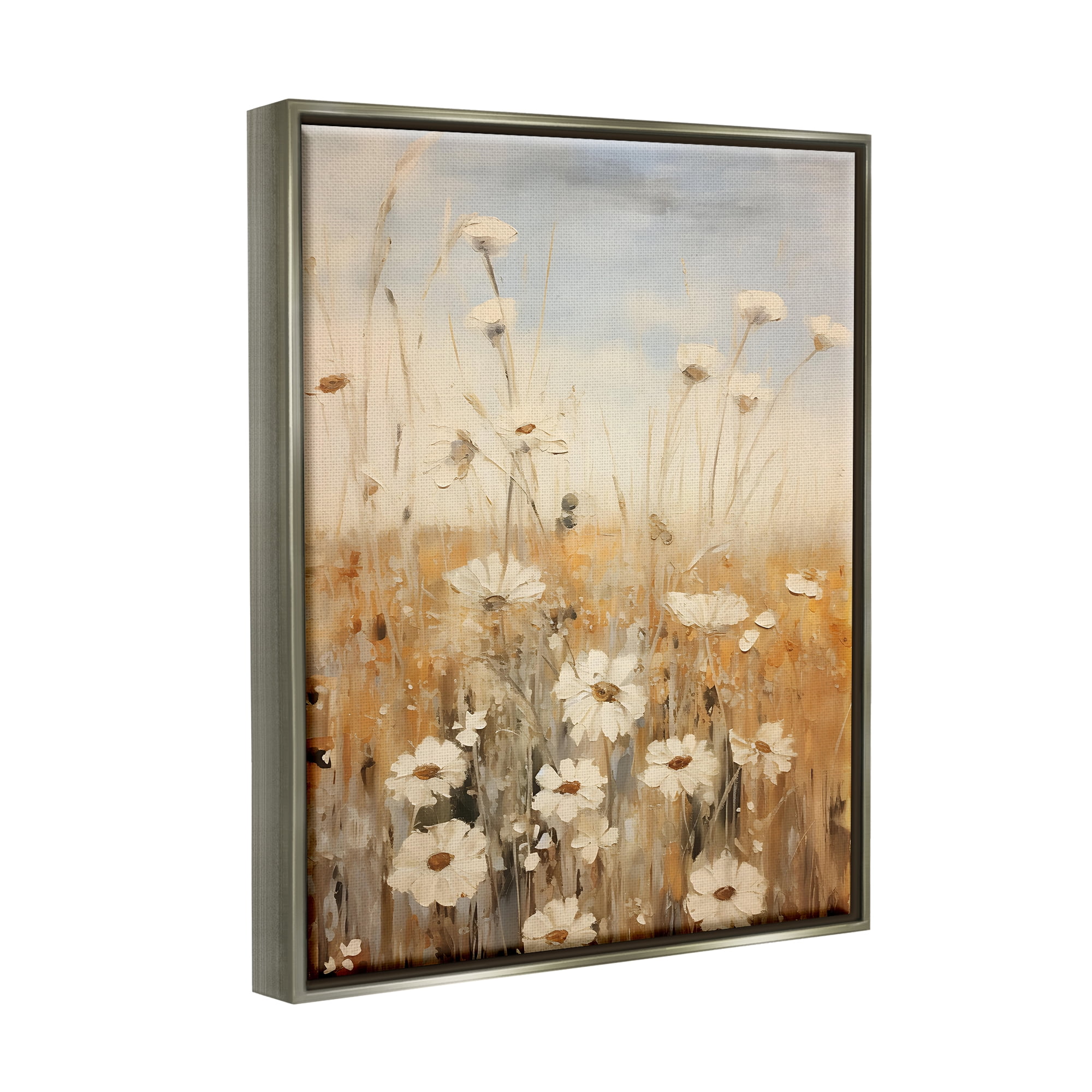 Stupell Industries Daisy Meadow Painting Botanical & Floral Painting Gray Floater Framed Canvas Art Print Wall Art, 17 x 21