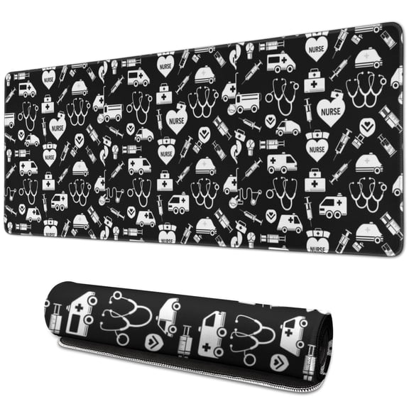 Long Mouse Pads for Desk,Black White Medical Symbol Pattern Desk Mats on Top Of Desks, Desk Mouse Pad Extra Large with 3mm Non-Slip Base and Stitched Edge for Gaming,Office,Work,Home 31.5"x11.8"