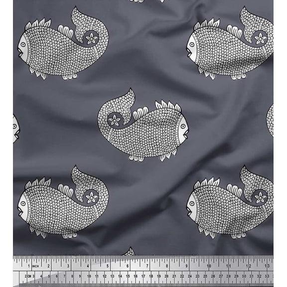 Soimoi Silk Fabric Fish Block Fabric Prints by Yard 42 Inch Wide
