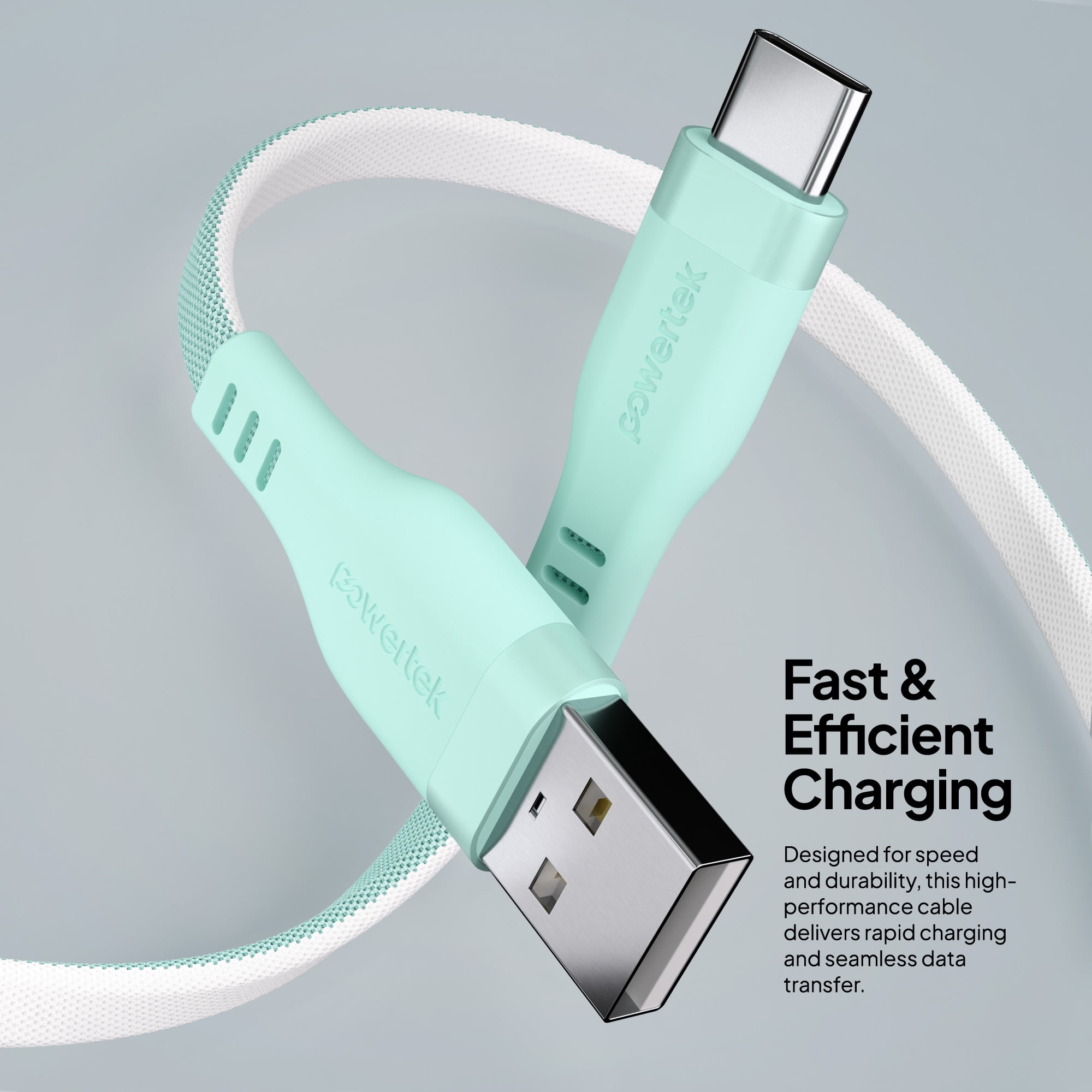 Powertek USB-A to USB-C Two-Tone Pastel Fast Charge Cable, 6 ft, Mint