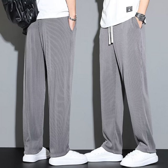 Men Pants Mid-Rise Elastic Waistband Sweatpants Drawstring Pocket Wide Leg Ribbed Ultra-Thin Ice Silk Casual Trousers Streetwear