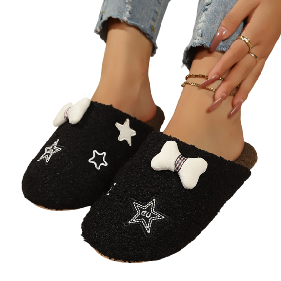 EKVAHL Orthopedic Slippers for Women, Fluffy Plush Arch Support Slip On House Shoes, Closed Toe Indoor Bedroom Daily Slippers Black