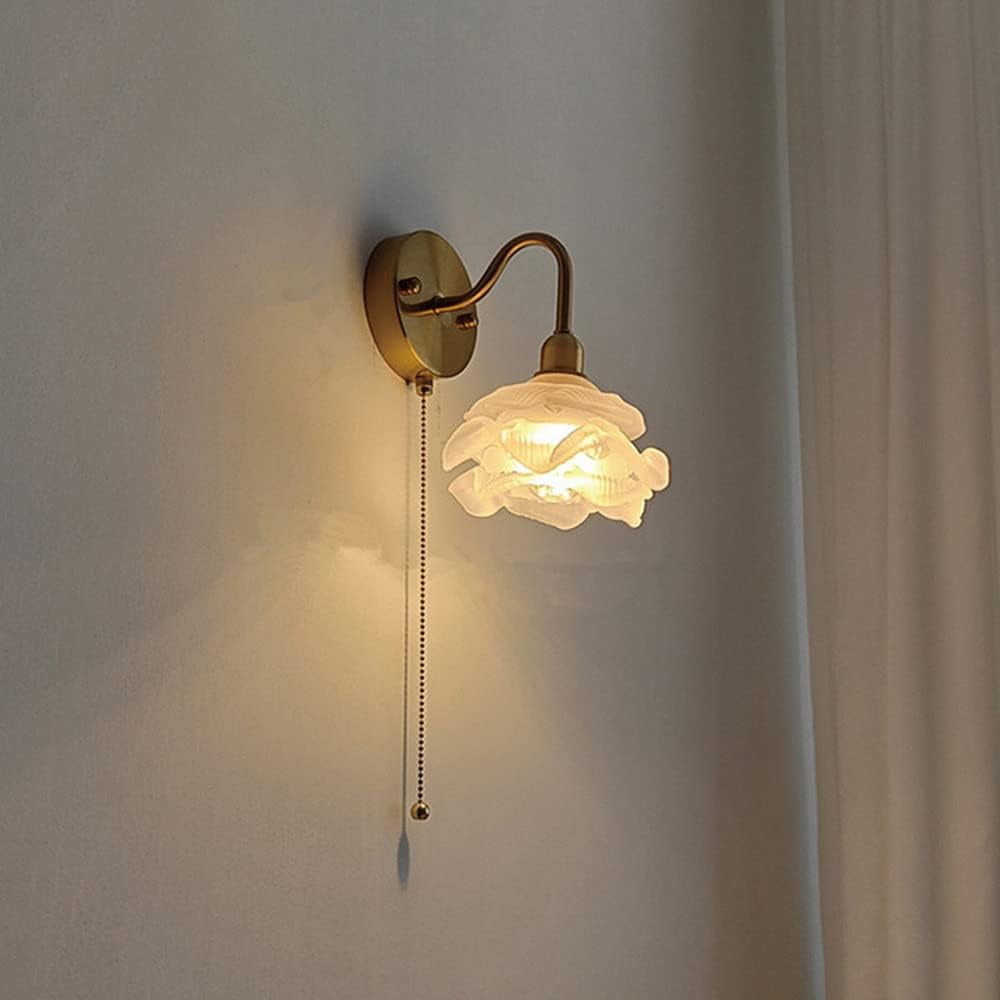 Elegant Copper Wall Sconce Modern Wall Light with Pull Chain Switch, Glass Wall Lamp Shade in Flower Shape, Nordic Wall Mount Lighting Fixtures for Living Room Bedroom