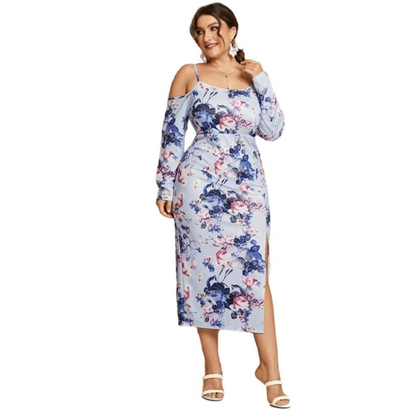 U.Vomade New Large Size Printed Off-the-shoulder Women's Fashion Temperament Slit Suspender Skirt Sexy Dress