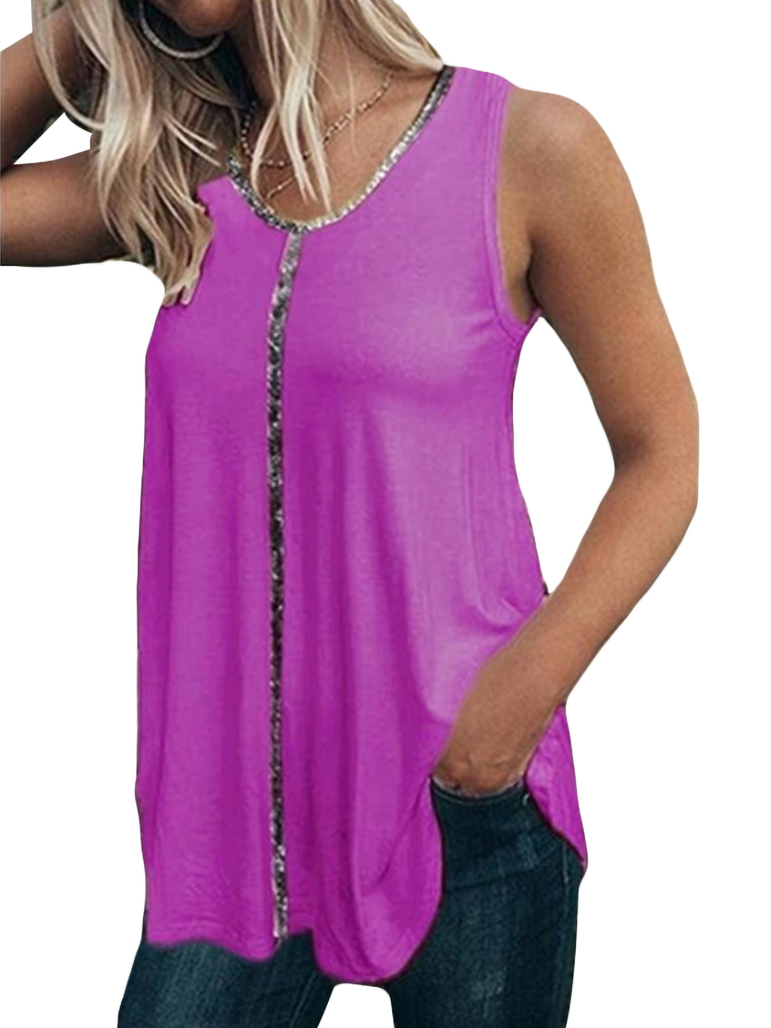 Womens Tops V Neck Strappy Shirts Sleeveless Sequin Camisole Blouses Slim Tunics 