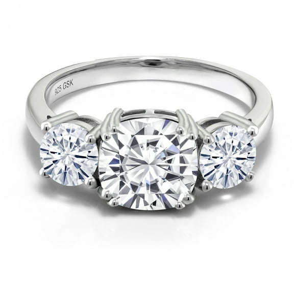Gem Stone King 3.40 Cttw White Moissanite 3-Stone Engagement Ring for Women | 925 Sterling Silver | Cushion 8MM | Three Stone Wedding Engagement Anniversary Promise Ring for Women (Size 6)