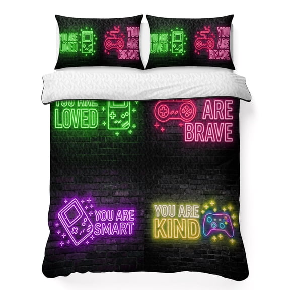 Quilts Queen Size Bedding Set, Neon Video Game Lightweight Quilted Comforter, Cartoon Funny Colorful Text Gaming Brick Soft Reversible Bedspread Coverlet with Pillow Covers for All Season, 90" x 96"