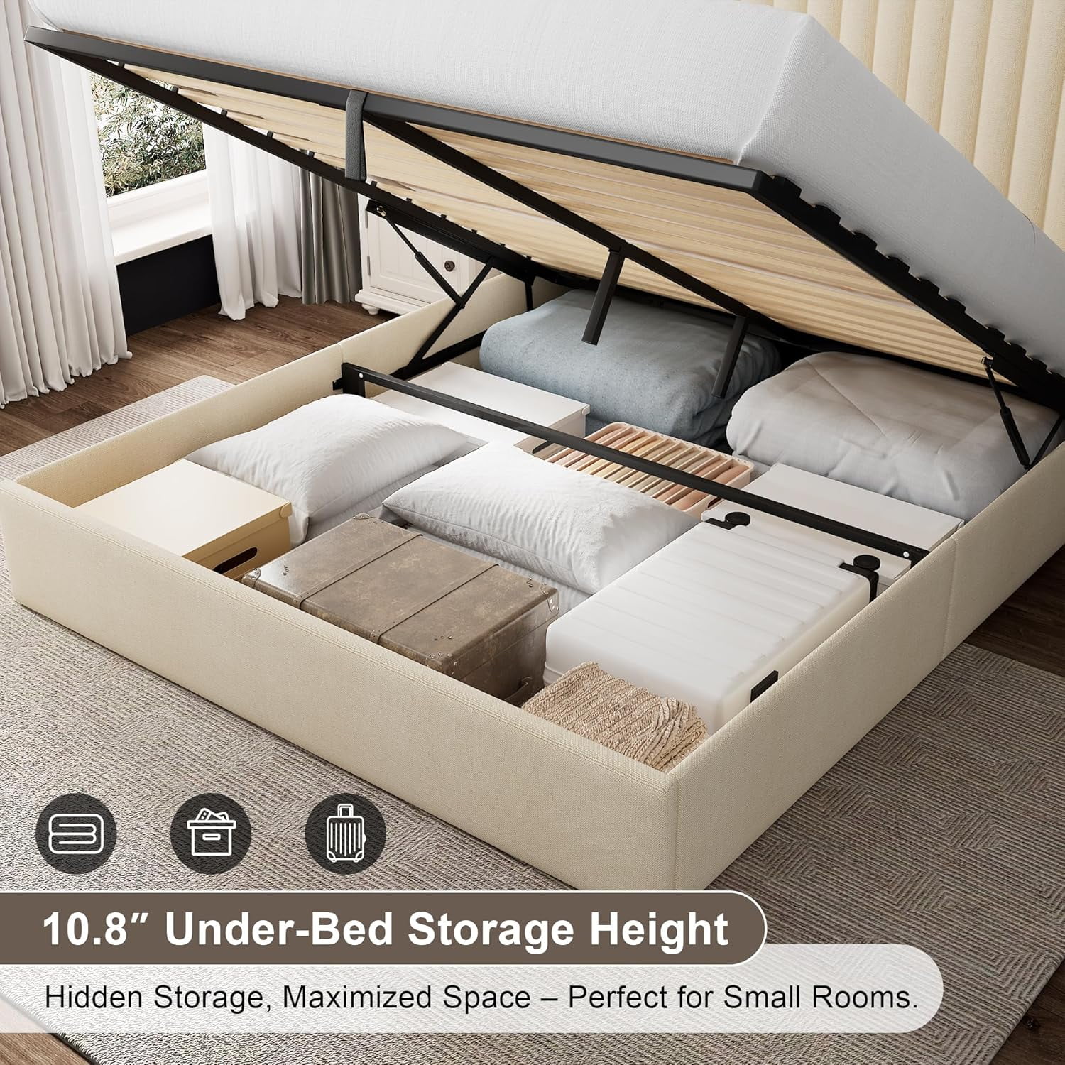 iPormis Full Size Bed Frame with Lift up Storage & Wingback Headboard, Upholstered Linen Bed Frame with Storage, Hydraulic Storage,Beige