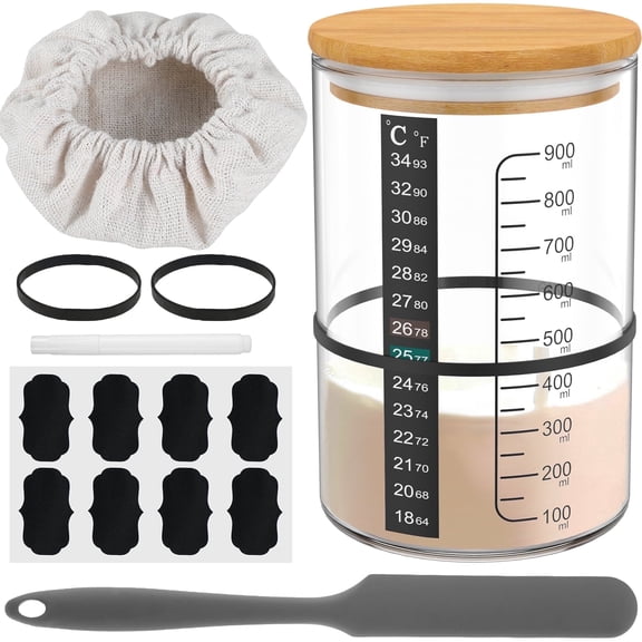 30oz Sourdough Starter Jar Kit, Wide Mouth Glass Fermentation Container with Thermometer and Cloth Cover