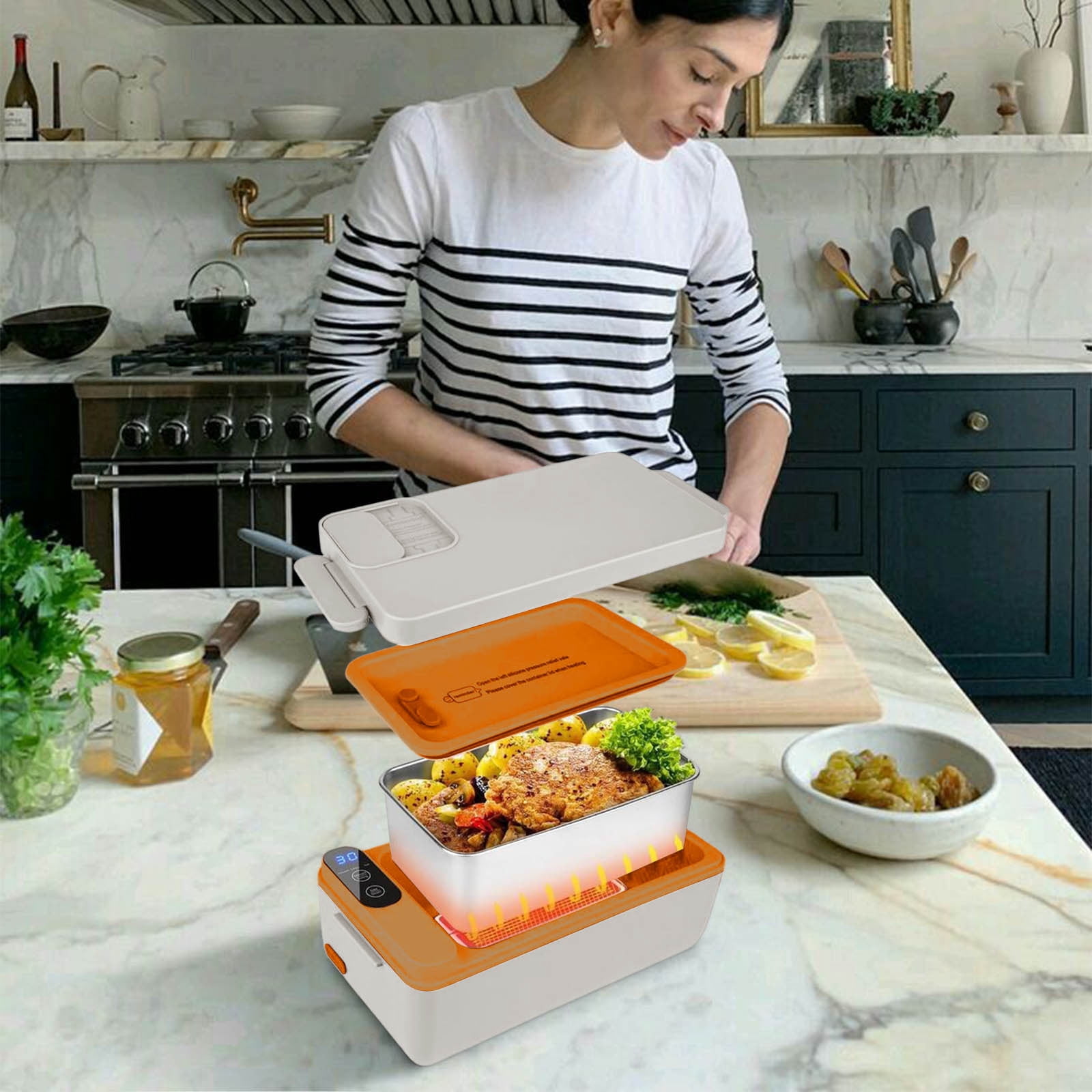 Rechargeable Heated Lunch Box, 1000Ml/33.8Oz Inner Container, Usb Charging, 12000 Mah Battery, Heat Preservation, Stainless Steel, for Car/Truck, Office, Travel (Yellow)