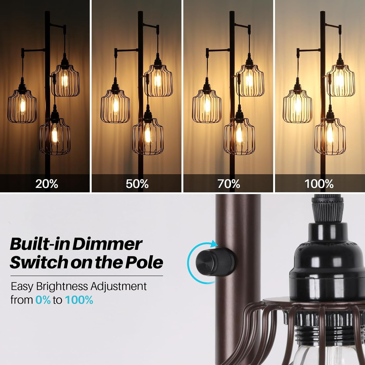 Nordic Hygge Dimmable Industrial Floor Lamp with 3 LED Edsion Bulbs, Brown