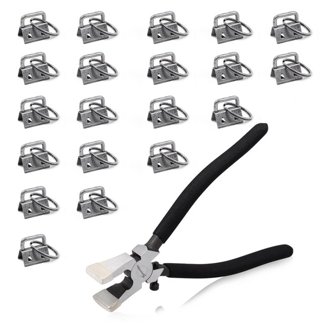 SPEEDWOX Glass Breaking Pliers with Rubber Tips 20 Pcs 0.8 Inch Key Fob Hardware Set with Keychain Split Rings Webbing Fabric Strapping Wristlet Set Dark Nickel Breaking Pliers Tools
