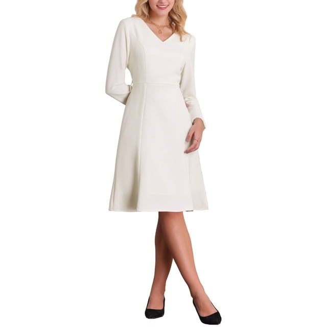 Vestido de trabajo elegante de mujer con cuello en V, mangas largas, con cinturón y corte acampanado en color crema blanco