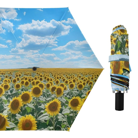Sunflowers and Sky Compact Sun Umbrella Windproof Travel Umbrellas for Rain Strong Portable UV Protection