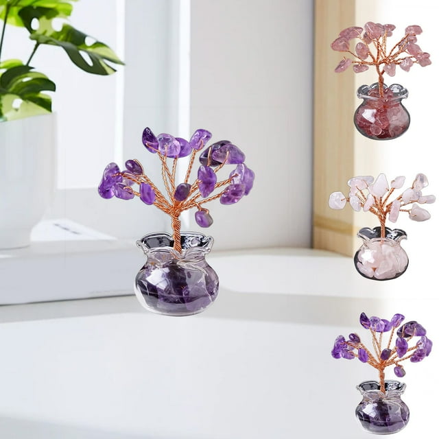 Árbol De Cristal 1 unidad de árbol de cristal natural rosa tejido a mano con forma de árbol de la vida, adorno de escritorio. Rkxzt