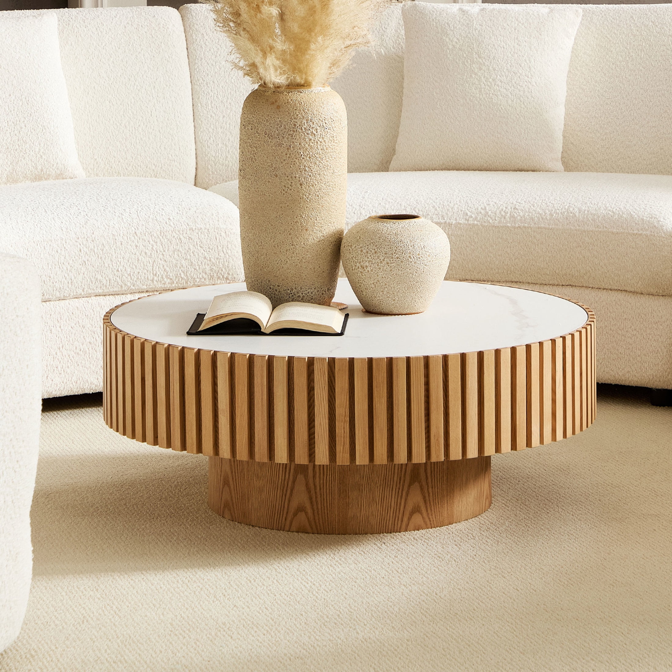 Noble House 35.43" Round Sintered Stone Coffee Table, Fluted Drum Pedestal, Modern Design for Apartment, Natural Ash