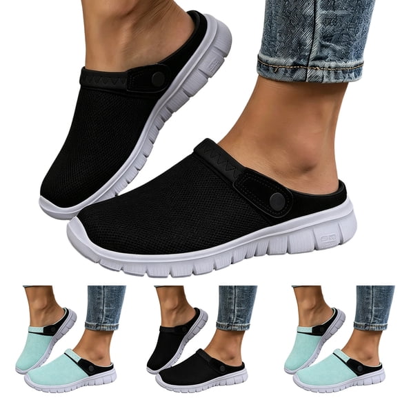 Dakaela Womens Orthopedic Clogs Memory Foam Platform Sneakers Slip on Walking Shoes Plantar Fasciitis Knit Backless Slippers with Adjustable Strap (Black,8)