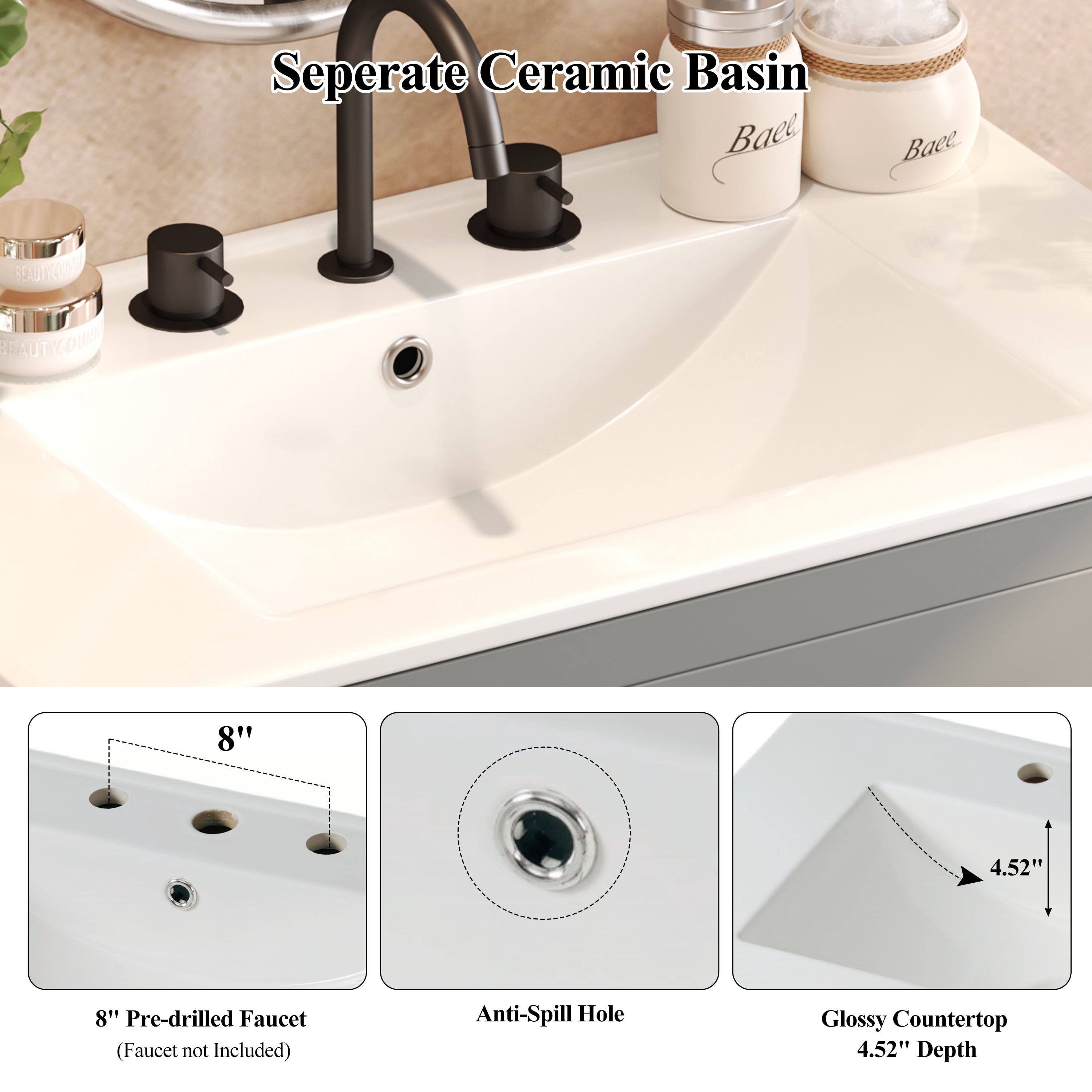 Euroco 30" Bathroom Vanity with Ceramic Sink and 2 Full-Extension Drawers, Freestanding Bathroom Vanity with 45° Free-Handle Design, Soft Close Undermount Drawer Slides, Gray