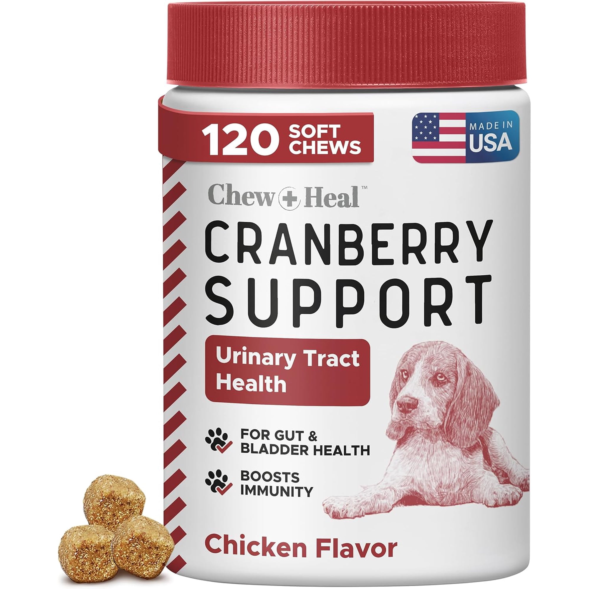 Chew + Heal UTI Treatment Cranberry Chews for Dogs - 120 Treats - Supports Healthy Urinary Tract and Bladder Function - Corrects Imbalances - With Echinacea and Vitamin C - Made in the USA