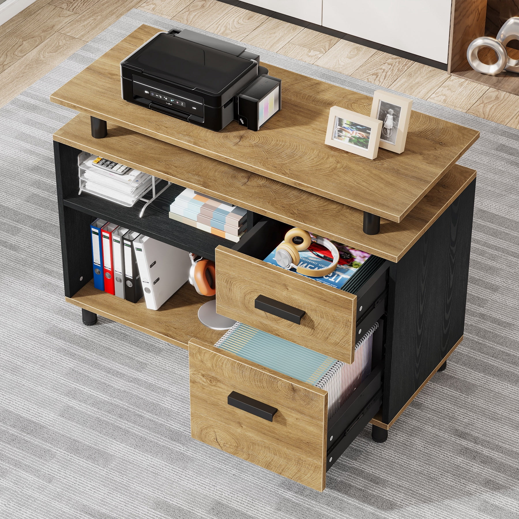 Finmind 63" L-Shaped Executive Desk with File Cabinet, Large Office Computer Desk with Drawers and Shelves, for Home Office, Light Brown and Black