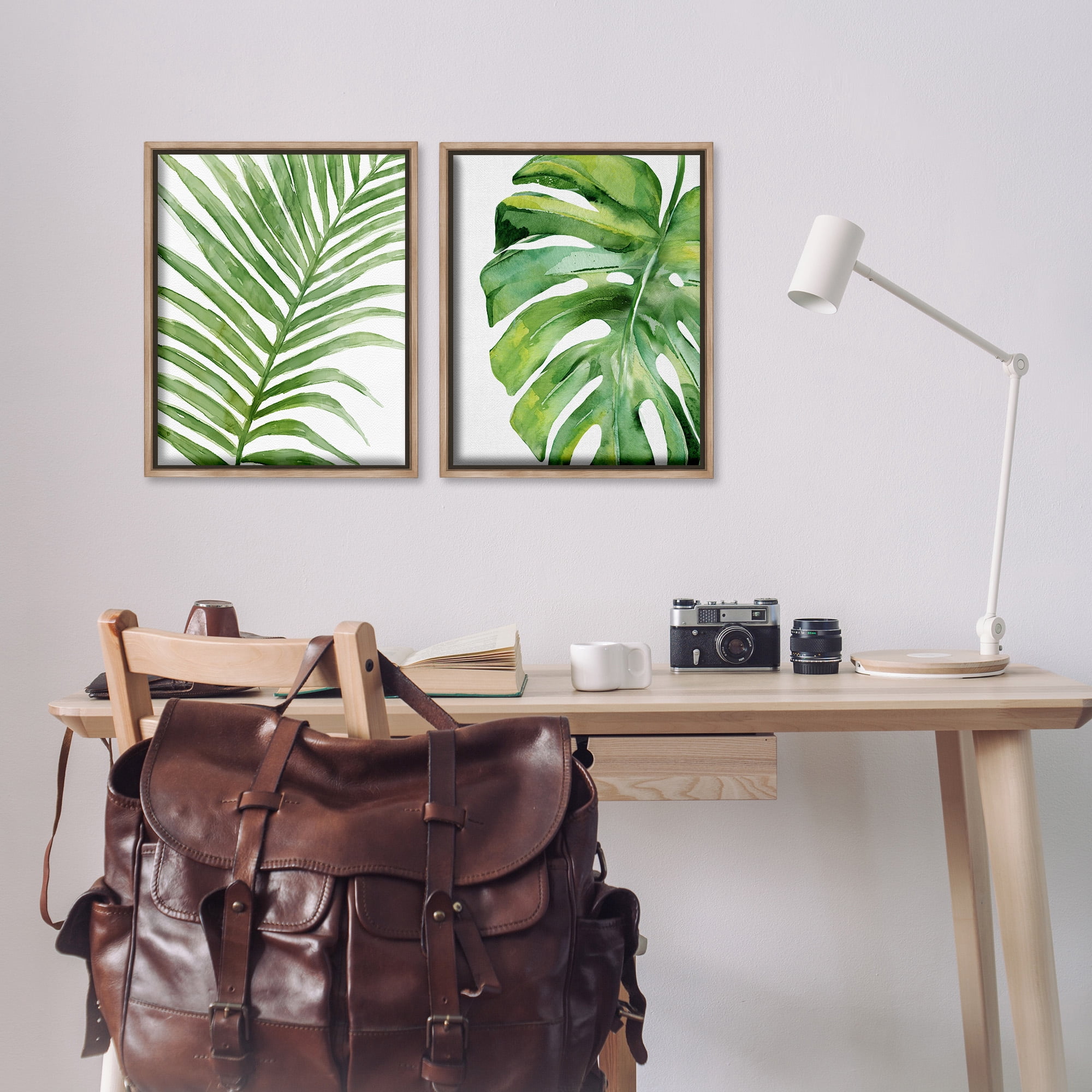 Stupell Industries Minimal Tropical Green Palms Botanical & Floral Painting Brown Floater Framed Canvas Art Print Wall Art, 17 x 21, Set of 2
