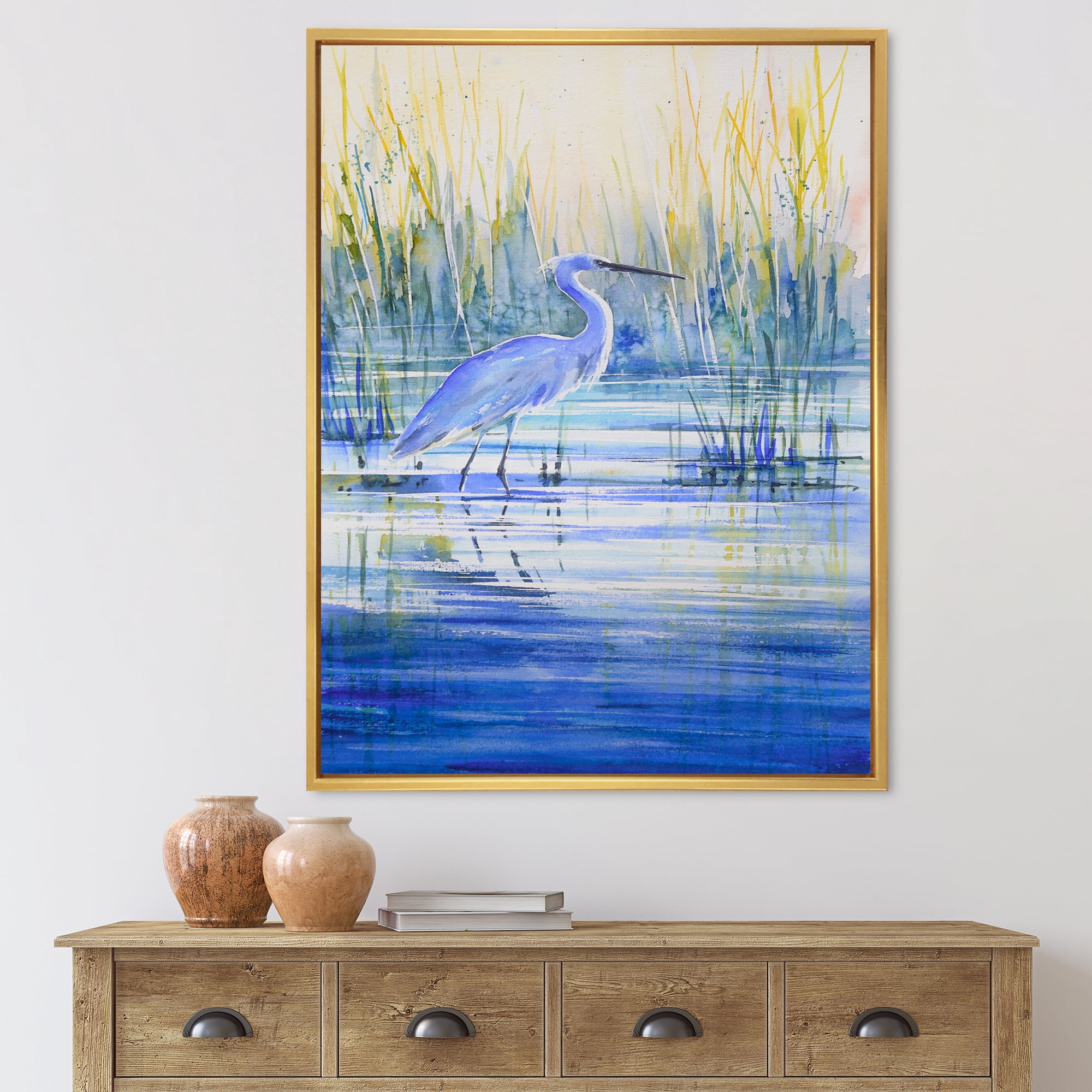 Blue Heron On The Lake Shore 12 in x 20 in Framed Painting Canvas Art Print, by Designart