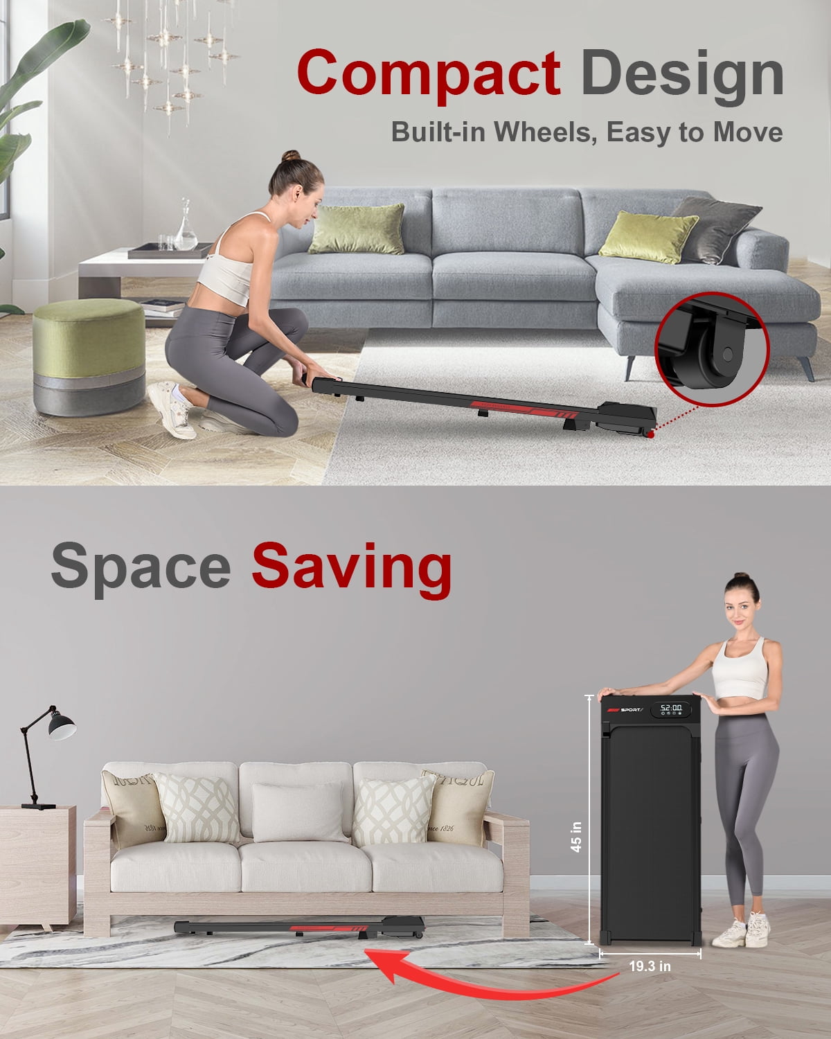 2 in 1 Portable Treadmill, 2.5HP Walking Pad Treadmill for Home , Under Desk Treadmill Max Capacity 300 lbs,Black