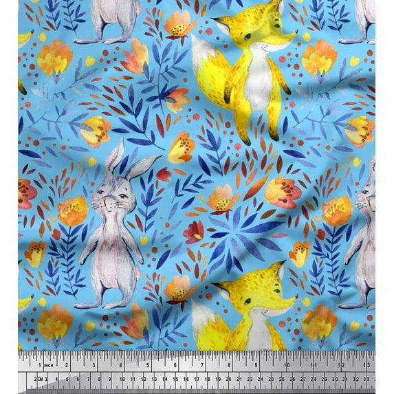 Soimoi Polyester Crepe Fabric Fox & Bunny Kids Printed Fabric 1 Yard 42 Inch Wide