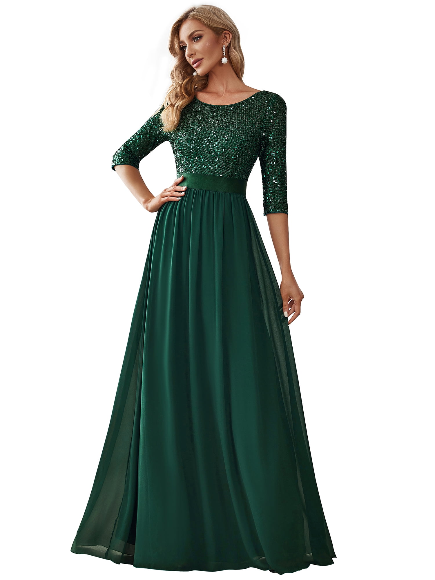 slim fit dress slacks Long Sleeve V-neck A-line Chiffon Dress in Dark Green main image 0