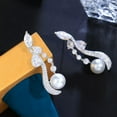 thumbnail image 4 of EOEMY Long Leaf Dangle Drop Pearl Earrings Cz Top White Gold Plated Costume Jewellery, 4 of 9