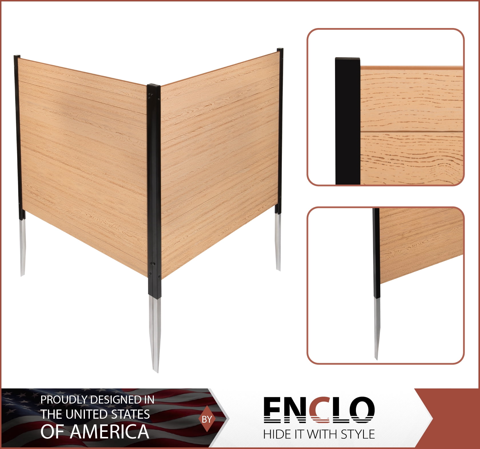 Enclo Lincoln Cedar Color Outdoor No Dig WoodTek Vinyl Privacy Screen Enclosure for Garbage Bins and Air Conditioners (42in x 42in - 2 panels)