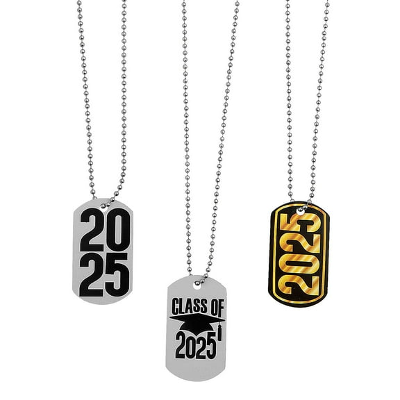 Fun Express 24" 2025 Graduation Metal Dog Tag Necklaces - 12 Pieces