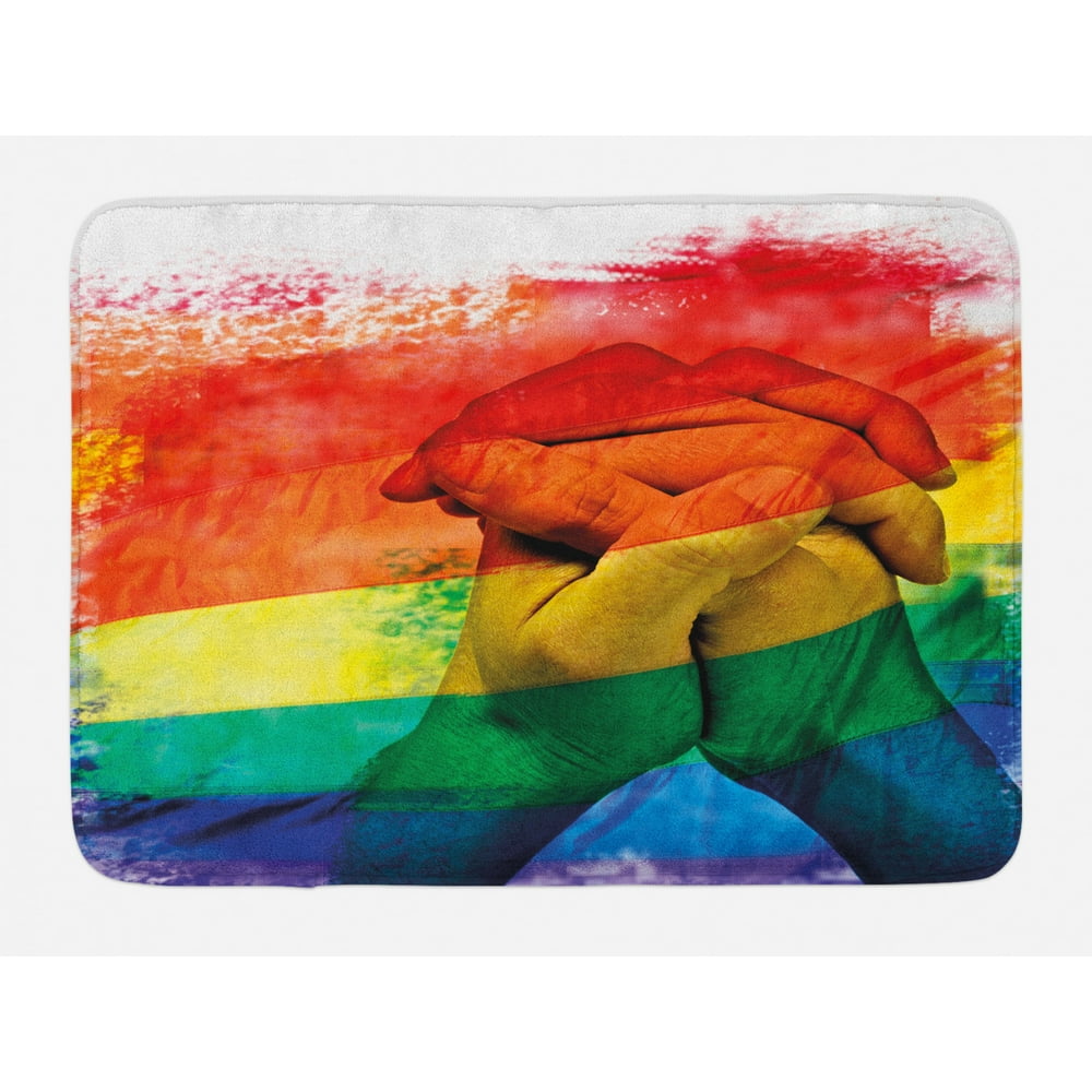 Pride Bath Mat, Hands of Young Men Put Together on Abstract LGBT Parade Flag Love Wins Gay