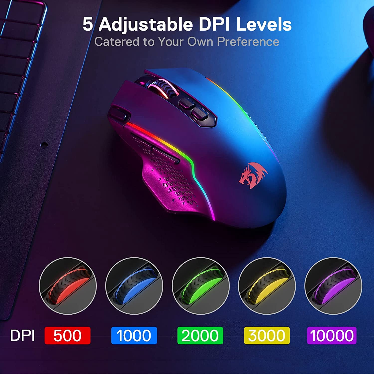 Redragon M810 Pro Wireless Gaming Mouse, 10000 DPI Wired Gamer Mouse w/ Rapid Fire Key, 8 Macro Buttons, Black/White Mouse
