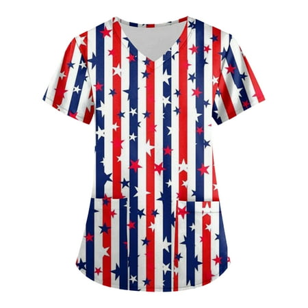 

TKing Fashion Womens Summer Plus Size Independence Day Short Sleeve V-Neck Printed Tops Scrub Nursing Working Uniform Blouse with Pocket Multicolor 3XL