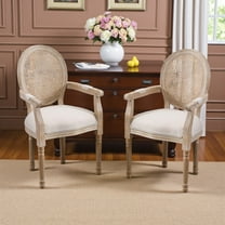 Hassch French Country Dining Armchairs Set of 2, Solid Wood Chairs with Weathered Finish, Rattan Backrest and Beige Linen Upholstered Seat, Easy to Assemble