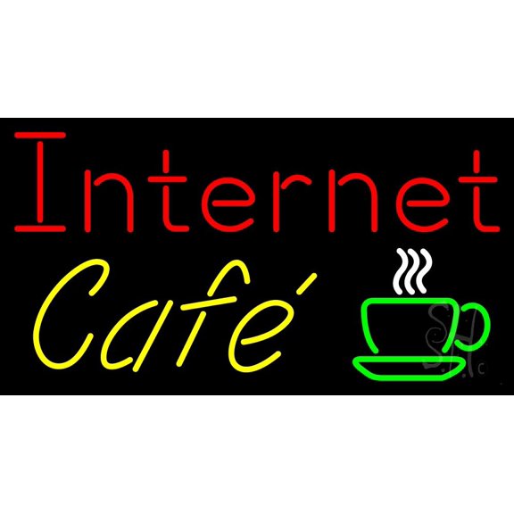 Internet Cafe With Coffee Cup LED Neon Sign 13 x 24 - inches, Clear Edge Cut Acrylic Backing, with Dimmer - Bright and Premium built indoor LED Neon Sign for Computer & Electronics store decor.