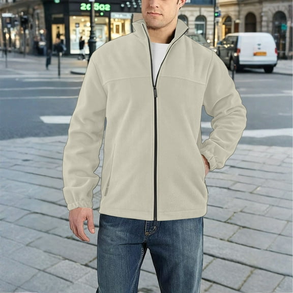 GrmtClth Mens Fleece Jacket Full Zip Comfy Thermal Polar Fleece Sherpa Lined Jacket Coats 2025 Winter Loose Fit Long Sleeve Outerwear Jackets with Pockets Beige M