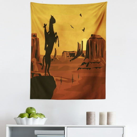Western Tapestry, Cartoon Illustration of Wild West Scene Cowboy in Sunset, Fabric Wall Hanging Decor for Bedroom Living Room Dorm, 5 Sizes, Burnt Orange Dark Brown, by Ambesonne