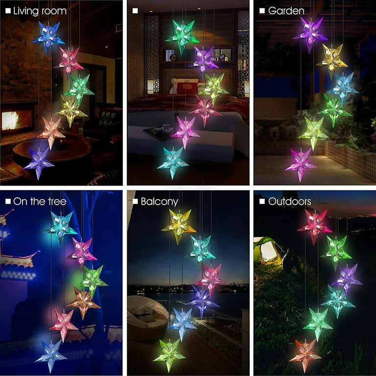 Gluaae Color Changing Solar Wind Chime - Waterproof LED Hanging Wind Bell Light for Home, Garden, Patio - Blue Star Night Lamp Decoration for Parties