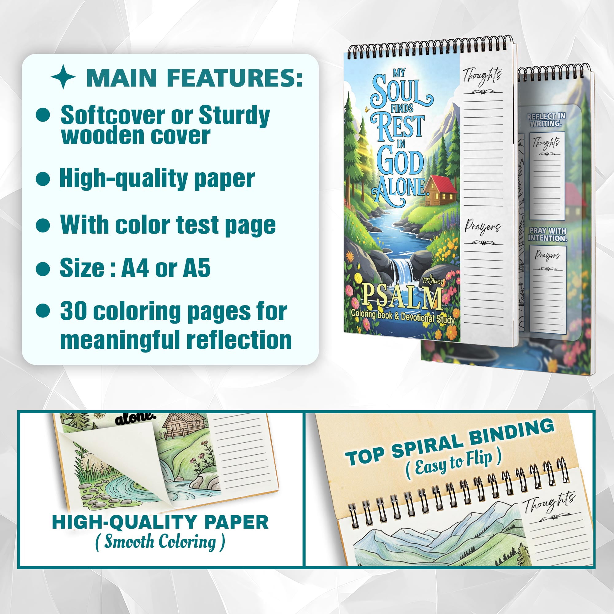 Psalms Coloring Book for Adults, 30 Minimalist Scripture Art Pages with Reflection & Prayer Space, Spiral Bound, A4 or A5 Softcover or Wood Cover